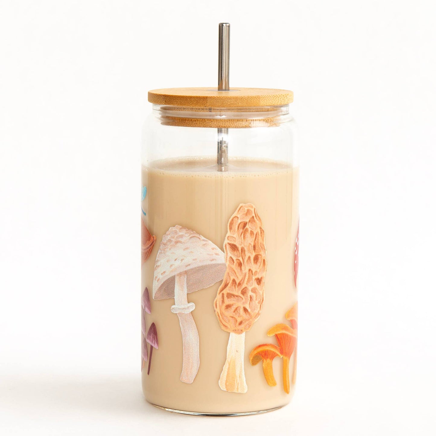 Mushroom Glass Drinking Cup with Lid & Straw