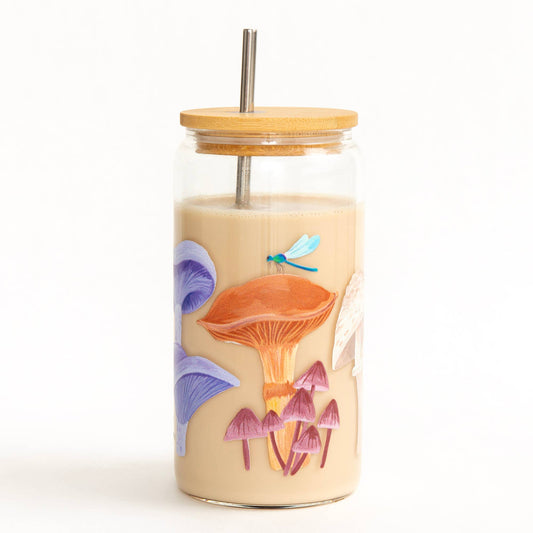Mushroom Glass Drinking Cup with Lid & Straw