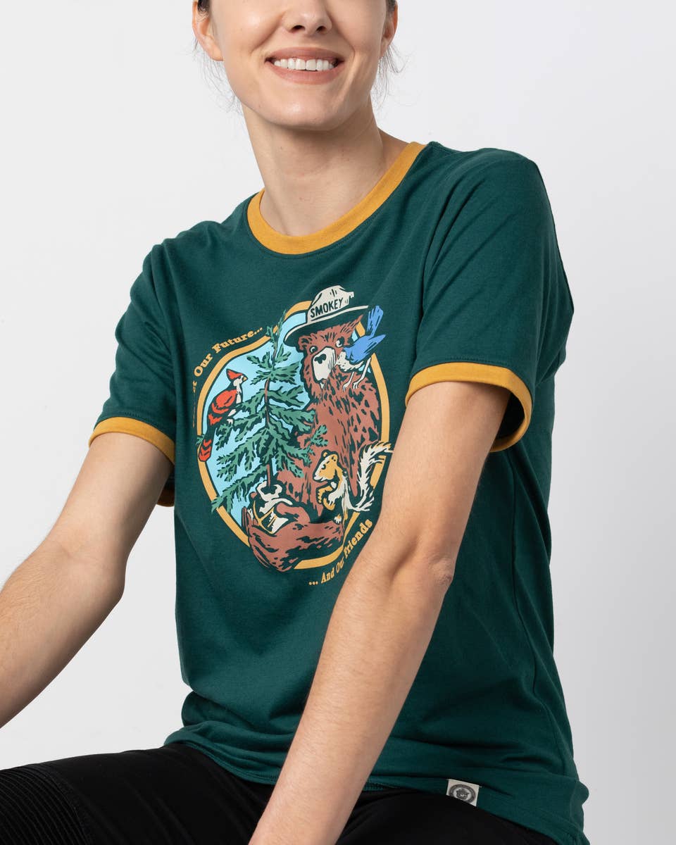 Smokey's Friends Ringer T-shirt: Glacier Blue/Redwood