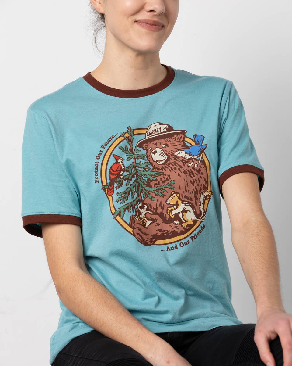 Smokey's Friends Ringer T-shirt: Glacier Blue/Redwood