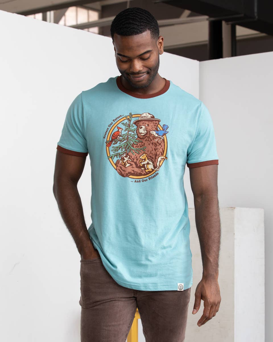 Smokey's Friends Ringer T-shirt: Glacier Blue/Redwood
