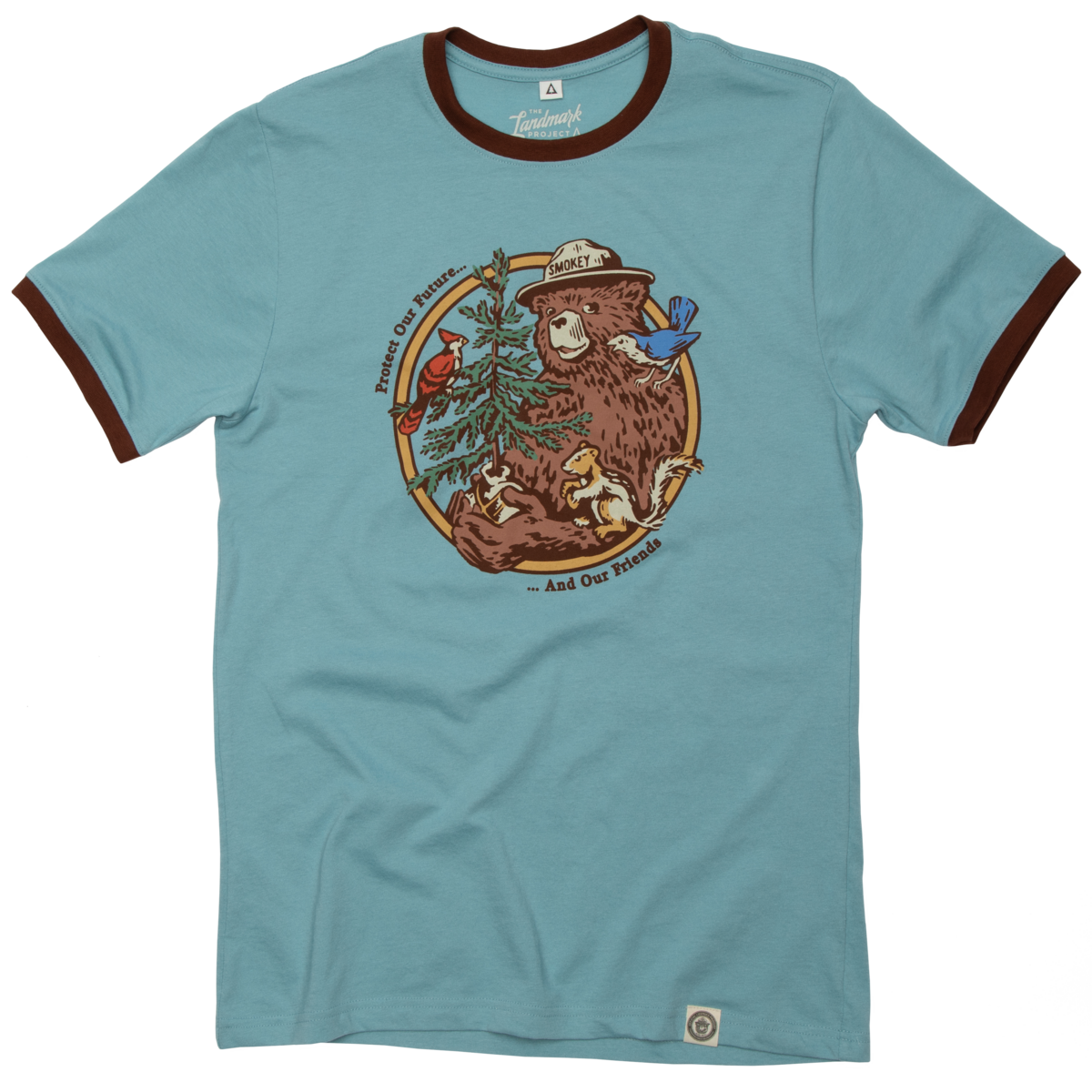 Smokey's Friends Ringer T-shirt: Glacier Blue/Redwood