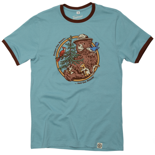 Smokey's Friends Ringer T-shirt: Glacier Blue/Redwood