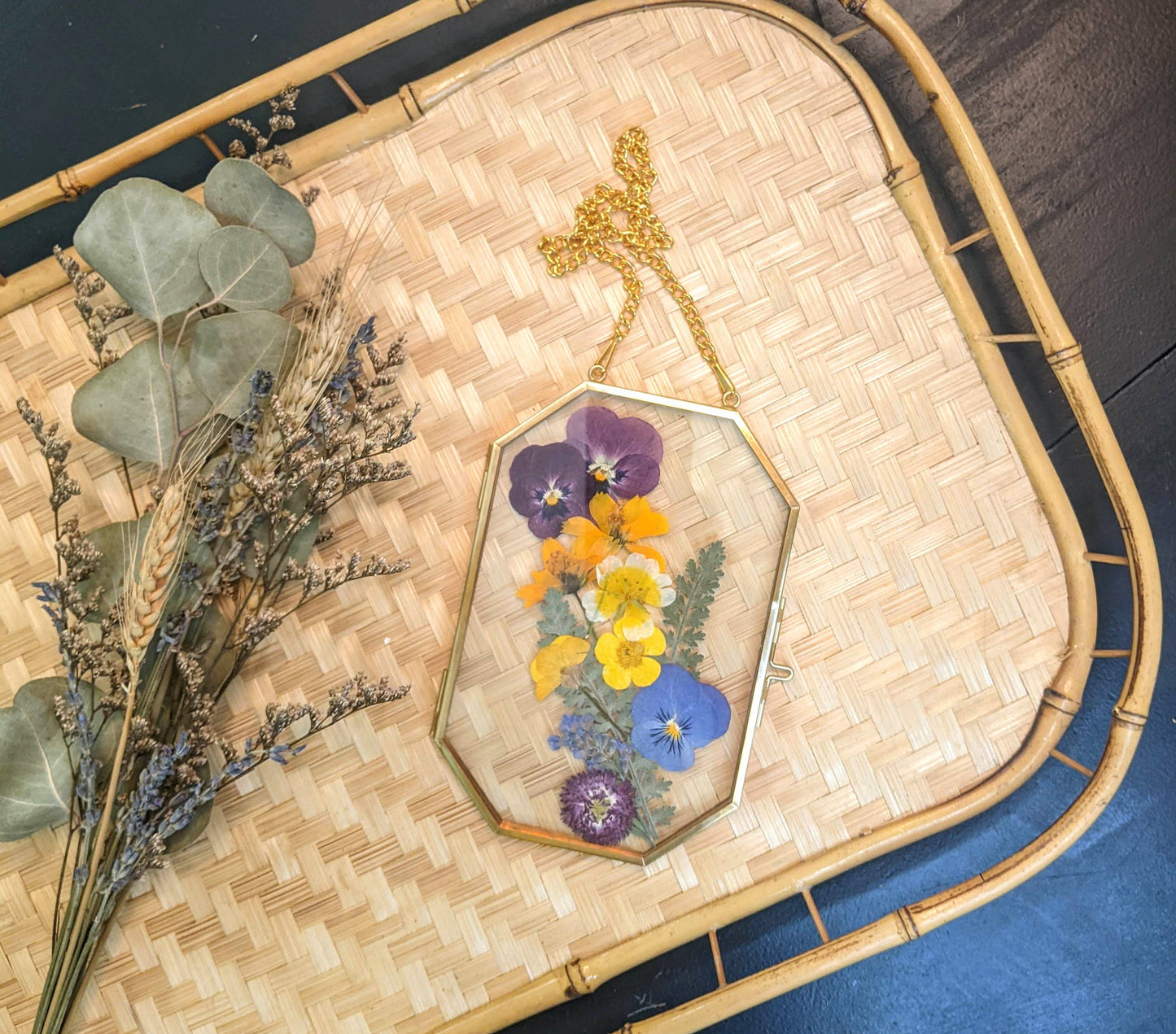 Pressed Flowers in Antique Brass Frame