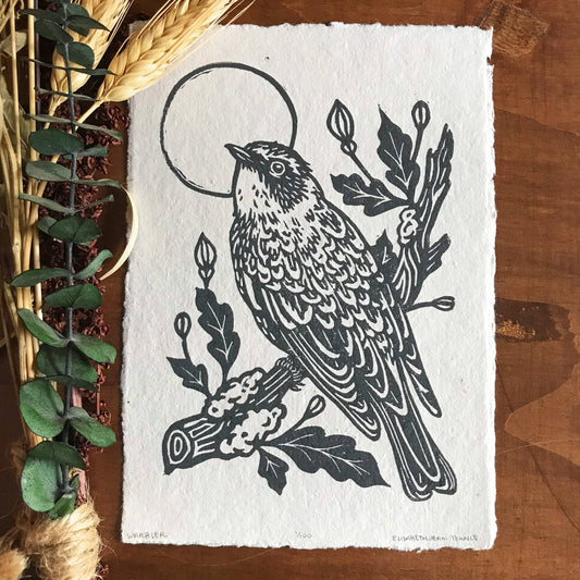 Warbler & Poppies Handprinted Linocut on Handmade Paper 5x7"