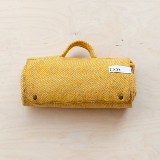 Recycled Wool Small Picnic Blanket in Golden Herringbone