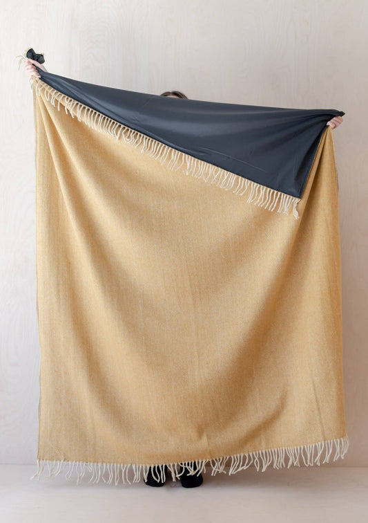 Recycled Wool Picnic Blanket in Mustard Herringbone