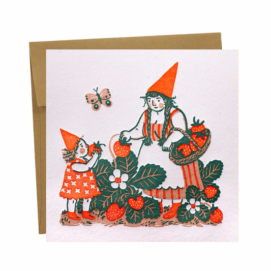Strawberry Picking Gnomes Greeting Card